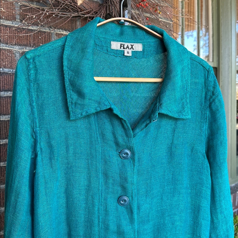 Flax teal green linen Lagenlook 2pc pants tunic/jacket. Size Small - Picture 4 of 13